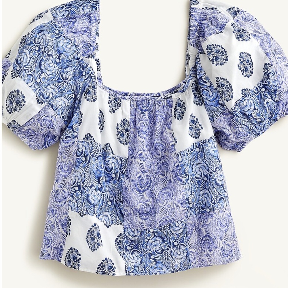 NWT J. Crew Puff-sleeve cropped top in patchwork print